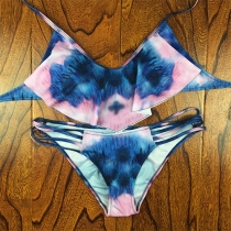 Sexy Tie-dye Printed Lace-up Halter Bikini Set