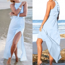 Sexy Off-shoulder Slit Hem Solid Color Beach Dress