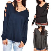 Sexy V-neck Hollow Out Long Sleeve Solid Color T-shirt