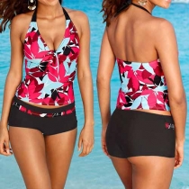 Sexy Contrast Color Printed Halter Two-piece Bikini Swimwear
