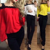 Vogue Cold Shoulder Lace Spliced Chiffon Long Sleeves Tops