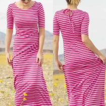 Sweet Round Neck Half Sleeve Stripes Maxi Dress