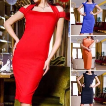 Elegant Solid Color Off Shoulder Halter Bodycon Dress