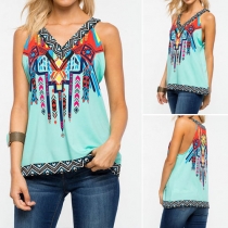 Trendy Hit Color V-neck Sleeveless Printed Tops