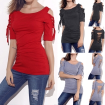 Vogue Solid Color Round Neck Cold Shoulder Hollow Out T-shirt