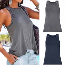 Fashion Lace Spliced Sleeveless Round Neck Tops