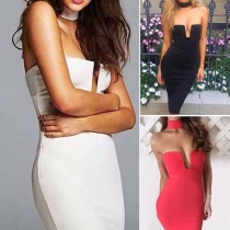 Sexy Strapless V-neck Solid Color Slim Fit Party Dress