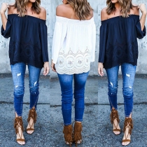 Sexy Slash Neck Hollow Out Crochet Spliced Solid Color Tops