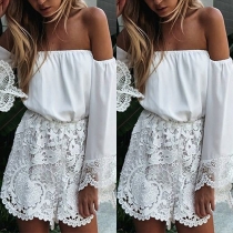 Sexy Slash Neck Lace Spliced Long Sleeve Gathered Waist Rompers
