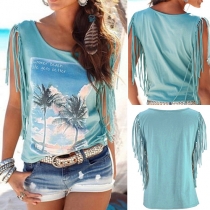 Fashion Sleeveless Round Neck Printed Tassel T-shirt