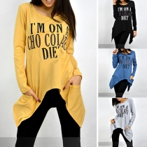 Fashion Letters Printed Long Sleeve Irregular Hem T-shirt