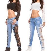 Sexy Hollow Out Lace Spliced Skinny Jeans