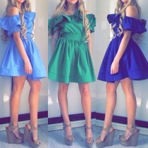 Sweet Solid Color Off Shoulder Ruffle Gathered Waist Dress