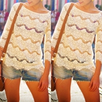 Trendy Round Neck 3/4 Sleeve Lace Hollow Out Tops