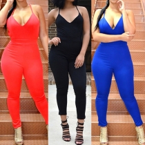 Sexy Solid Color Deep V-neck Cross Back Sling Jumpsuit