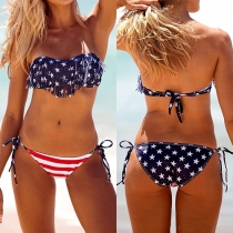 Sexy Stars Printed Tassel Bandeau and Stripes Briefs Two-piece Bikini 