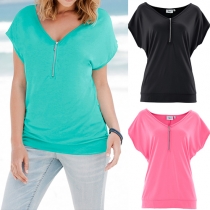 Trendy Solid Color Zipper V-neck Short Sleeve T-shirt 