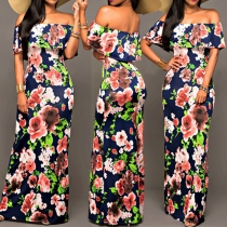 Fashion Style Off Shoulder Flowers Printed Ruffle Maxi Dress