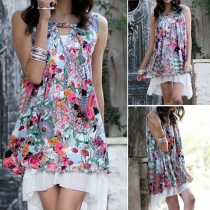 Sweet Printed Round Neck Sleeveless Irregular Hem Dress 