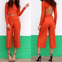 Cool Style Solid Color Backless Long Sleeve Tops Capri Pants Two Pieces Set