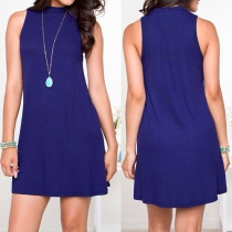 Fashion Style Solid Color Round Neck Sleeveless Ribbed Dress 