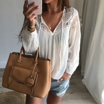 Trendy Solid Color V-neck Lace Hollow Out Tops