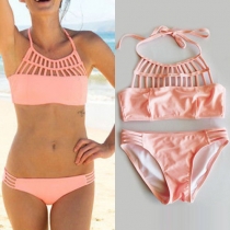Sexy Solid Color Hollow Out Halter Two-piece Swimwear
