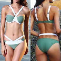 Sexy Contrast Color V-neck Hollow Out Bikini Set