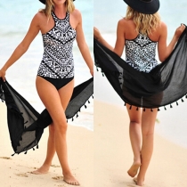 Fashion Printed Sleeveless Round Neck Tops + Briefs Swimsuit Set