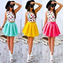 Cute Cartoon Printed Tops + High Waist Skirt Two-piece Set