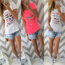 Chic Style Hollow Out Printed Short Sleeve Round Neck T-shirt