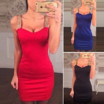 Sexy Backless V-neck Slim Fit Rhinestone Sling Dress