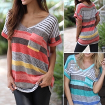 Casual Style Short Sleeve V-neck Striped T-shirt