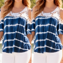Sexy Off-shoulder Lace Spliced Tie-dye Printed Tops