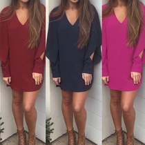 Fashion Solid Color V-neck Long Sleeve Hollow Out Dress