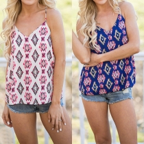 Trendy V-neck Geometric Printed Backless Chiffon Sling Tops