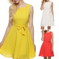 Elegant Solid Color Round Neck Sleeveless Dress with Waist Strap