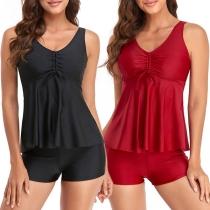 Navy Style V-neck Solid Color Striped Halter Tops Shorts Two-piece Swimsuit