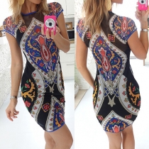 Sexy Round Neck Gauze Spliced See-through Printed Bodycon Dress