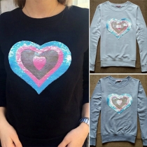 Fashion Heart-shaped Sequin Long Sleeve Round Neck Sweatshirt