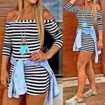 Sexy Boat Neck Long Sleeve Slim Fit Striped Dress