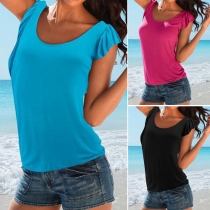 Fashion Solid Color Lotus Sleeve Round Neck T-shirt