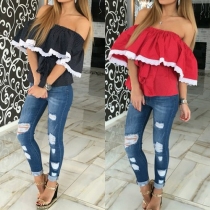 Sexy Lace Spliced Flouncing Boat Neck Tops