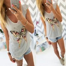 Fashion V-neck Butterfly Sequin Cap Sleeve T-shirt
