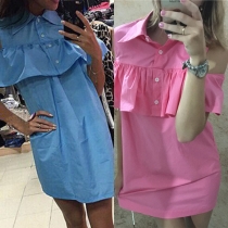 Sweet Solid Color Lapel Neck Cold Shoulder Ruffle Dress