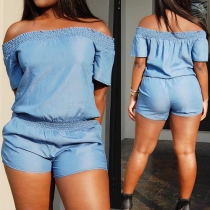 Fashion Solid Color Off Shoulder Gathered Waist Denim Romper