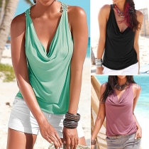 Sexy Solid Color V-neck Sleeveless Lace Spliced Hollow Out Tops