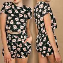 Sweet Printed Short Sleeve Crop Tops and Shorts Two Pieces Set