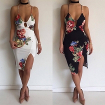 Sexy Backless Printed Hollow Out Irregular Hem Sling Dress