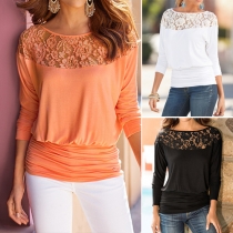 Trendy Solid Color Round Neck Lace Spliced Crinkle Tops